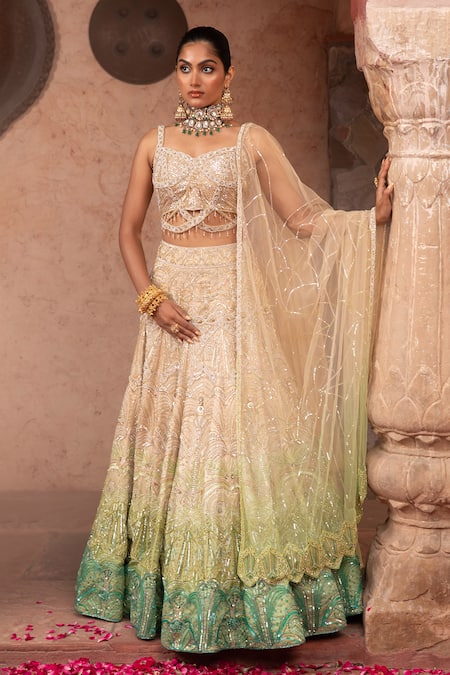 Laxmishriali_Gold Organza, Net Cut Work, Pearls, Sequins Cutdana And Embroidered Lehenga Set _Online_at_Aza_Fashions