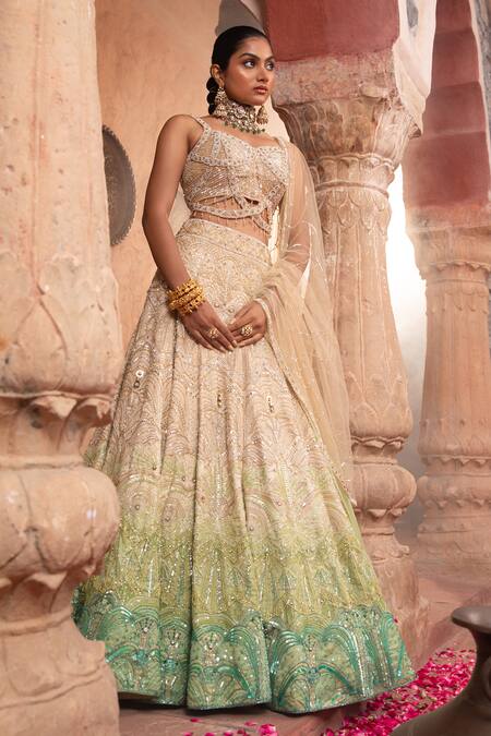 Laxmishriali_Gold Organza, Net Cut Work, Pearls, Sequins Cutdana And Embroidered Lehenga Set _at_Aza_Fashions