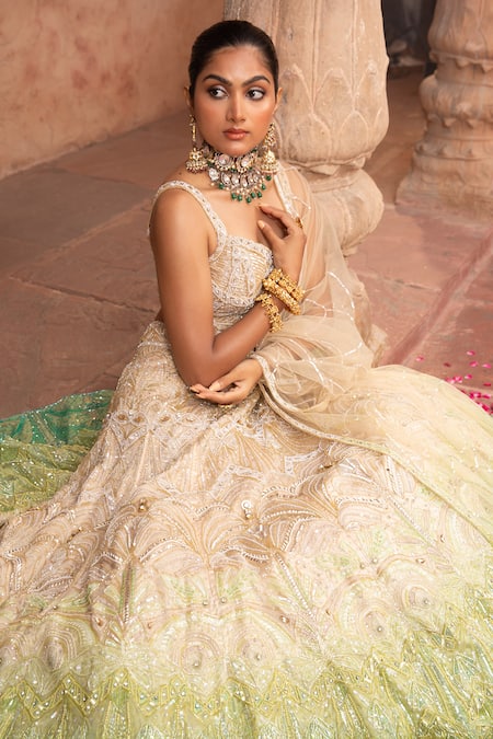 Buy_Laxmishriali_Gold Organza, Net Cut Work, Pearls, Sequins Cutdana And Embroidered Lehenga Set 