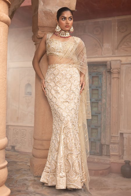 Buy_Laxmishriali_Gold Satin, Net Embroidery, Cut Work, Sequins Sweetheart Pre-draped Saree Set _Online_at_Aza_Fashions