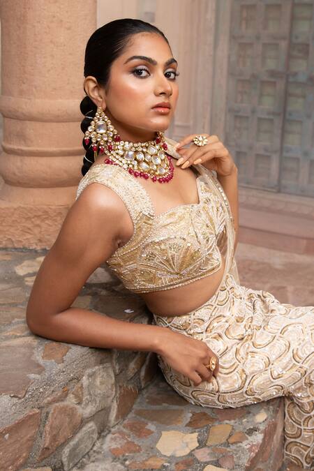 Shop_Laxmishriali_Gold Satin, Net Embroidery, Cut Work, Sequins Sweetheart Pre-draped Saree Set _Online_at_Aza_Fashions
