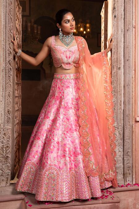 Laxmishriali_Pink Leather, Net, Silk Pearls, Stones, Beads Embroidered And Peach Lehenga Set _Online_at_Aza_Fashions