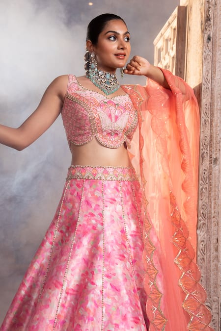 Buy_Laxmishriali_Pink Leather, Net, Silk Pearls, Stones, Beads Embroidered And Peach Lehenga Set _Online_at_Aza_Fashions