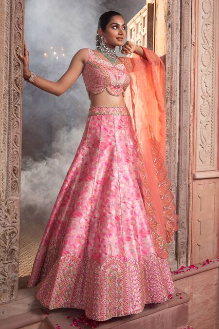 Shop_Laxmishriali_Pink Leather, Net, Silk Pearls, Stones, Beads Embroidered And Peach Lehenga Set _Online_at_Aza_Fashions