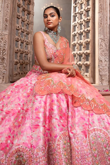 Laxmishriali_Pink Leather, Net, Silk Pearls, Stones, Beads Embroidered And Peach Lehenga Set _at_Aza_Fashions
