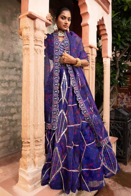 Buy_Laxmishriali_Blue Silk, Organza Diamonds, Sequins, Embroidery Sweetheart Dori Lehenga Set _Online_at_Aza_Fashions
