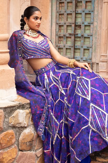 Shop_Laxmishriali_Blue Silk, Organza Diamonds, Sequins, Embroidery Sweetheart Dori Lehenga Set _Online_at_Aza_Fashions