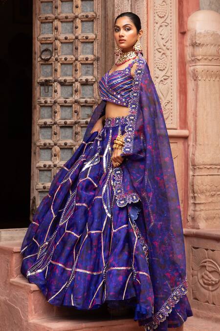 Laxmishriali_Blue Silk, Organza Diamonds, Sequins, Embroidery Sweetheart Dori Lehenga Set _at_Aza_Fashions