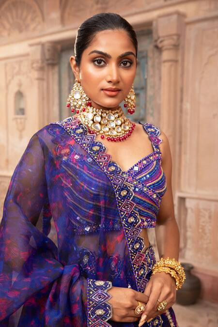 Buy_Laxmishriali_Blue Silk, Organza Diamonds, Sequins, Embroidery Sweetheart Dori Lehenga Set 