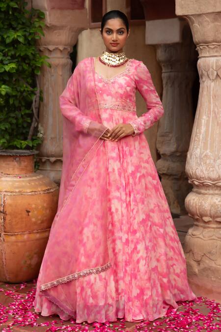Laxmishriali_Pink Georgette, Organza Pearls, Abstract Embroidered Anarkali And Dupatta Set _Online_at_Aza_Fashions