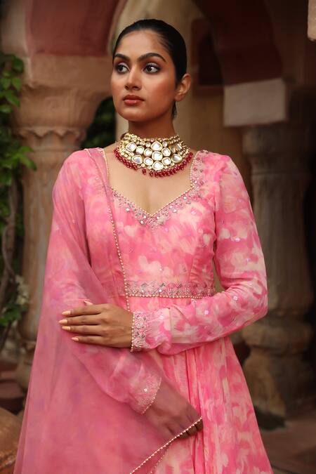 Buy_Laxmishriali_Pink Georgette, Organza Pearls, Abstract Embroidered Anarkali And Dupatta Set _Online_at_Aza_Fashions