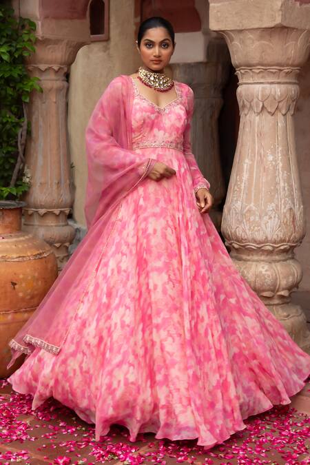 Shop_Laxmishriali_Pink Georgette, Organza Pearls, Abstract Embroidered Anarkali And Dupatta Set _Online_at_Aza_Fashions