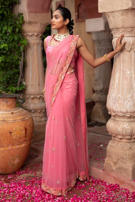 Buy_Laxmishriali_Pink Net, Satin, Denim Pearls, Sequins, Crystals, Embroidered Buttis Saree Set _Online_at_Aza_Fashions