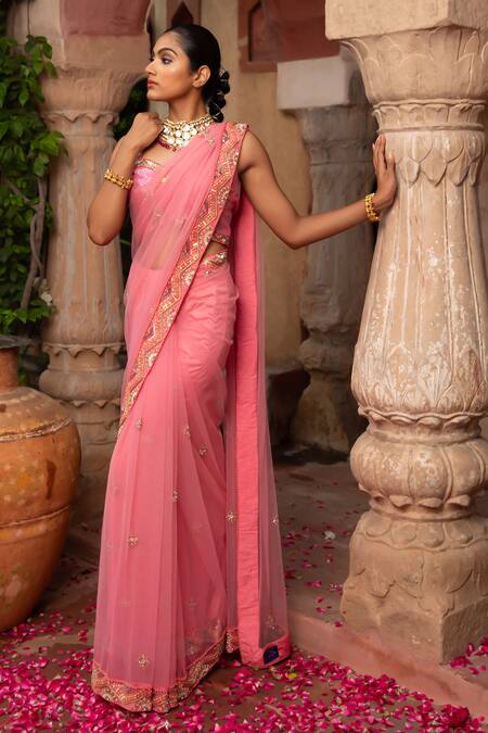 Shop_Laxmishriali_Pink Net, Satin, Denim Pearls, Sequins, Crystals, Embroidered Buttis Saree Set _Online_at_Aza_Fashions
