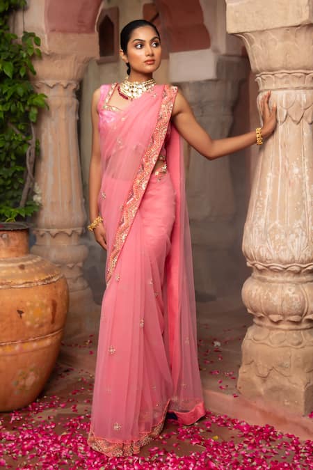 Laxmishriali_Pink Net, Satin, Denim Pearls, Sequins, Crystals, Embroidered Buttis Saree Set _at_Aza_Fashions