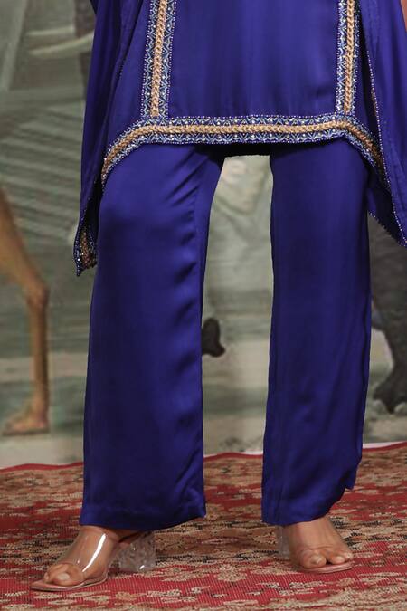 Laxmishriali_Blue Crepe Sequins, Beads Split V-neck Embroidered Kaftan And Pant Set _Online_at_Aza_Fashions