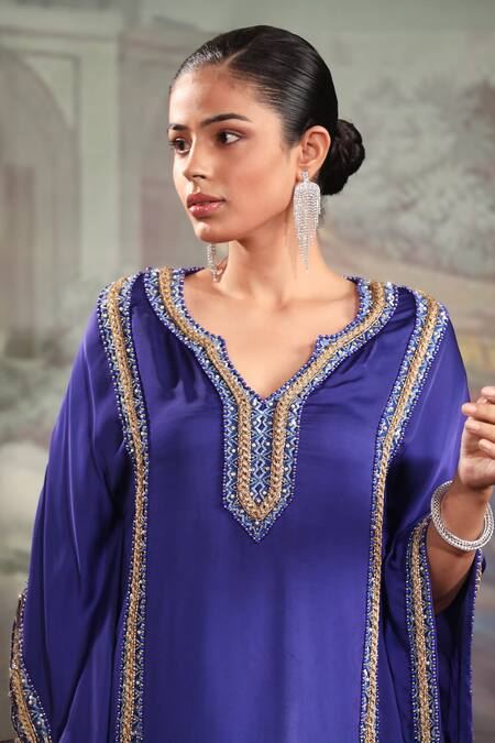 Buy_Laxmishriali_Blue Crepe Sequins, Beads Split V-neck Embroidered Kaftan And Pant Set _Online_at_Aza_Fashions