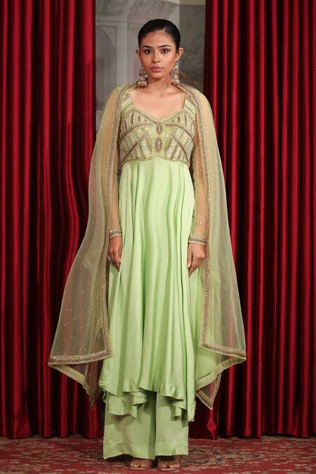 Laxmishriali_Green Crepe, Net Sequins, Beads Sweetheart Neck And Embroidered Anarkali Set _Online_at_Aza_Fashions