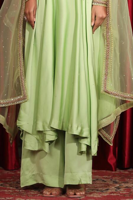 Buy_Laxmishriali_Green Crepe, Net Sequins, Beads Sweetheart Neck And Embroidered Anarkali Set _Online_at_Aza_Fashions