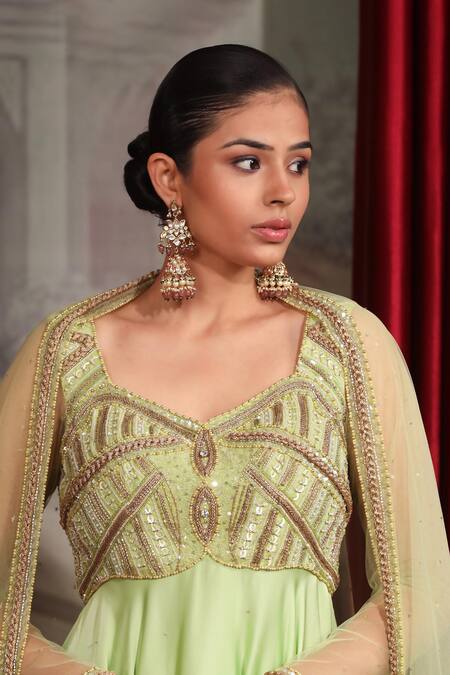 Shop_Laxmishriali_Green Crepe, Net Sequins, Beads Sweetheart Neck And Embroidered Anarkali Set _Online_at_Aza_Fashions