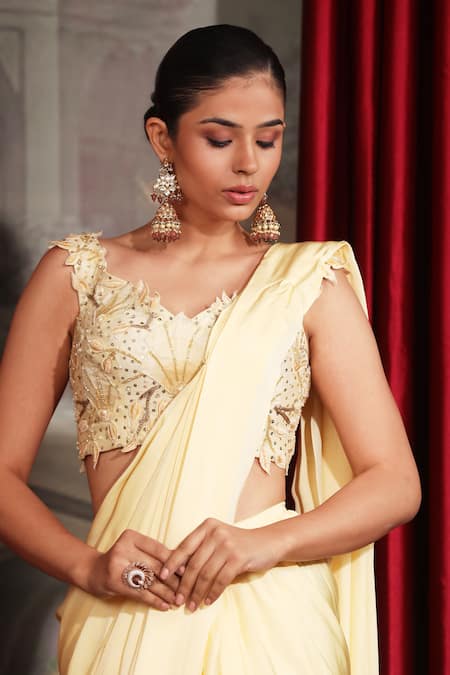 Laxmishriali_Yellow Denim, Crepe, Satin Cut Embroidered Cutdana Blouse And Pre-draped Saree _Online_at_Aza_Fashions