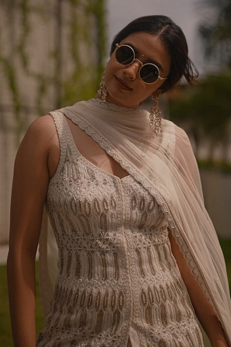 Ritika Mirchandani Ivory Cutdana Embroidered Kurta Sharara Set