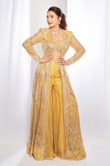 Shop Ritika Mirchandani Yellow Net, Crepe, Georgette Embroidery Sweetheart Neck Aztec Cape Sharara Set at Aza Fashions Shop_Ritika Mirchandani_Yellow Net, Crepe, Georgette Embroidery Sweetheart Neck Aztec Cape Sharara Set _at_Aza_Fashions