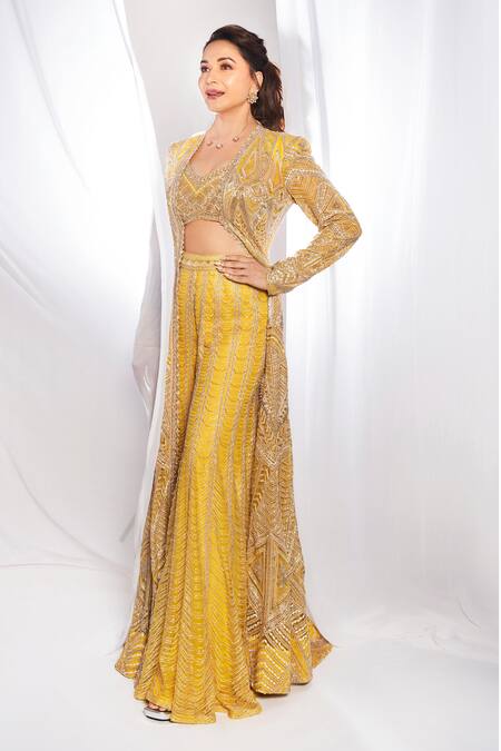 Ritika Mirchandani Yellow Net, Crepe, Georgette Embroidery Sweetheart Neck Aztec Cape Sharara Set Online at Aza Fashions Ritika Mirchandani_Yellow Net, Crepe, Georgette Embroidery Sweetheart Neck Aztec Cape Sharara Set _Online_at_Aza_Fashions