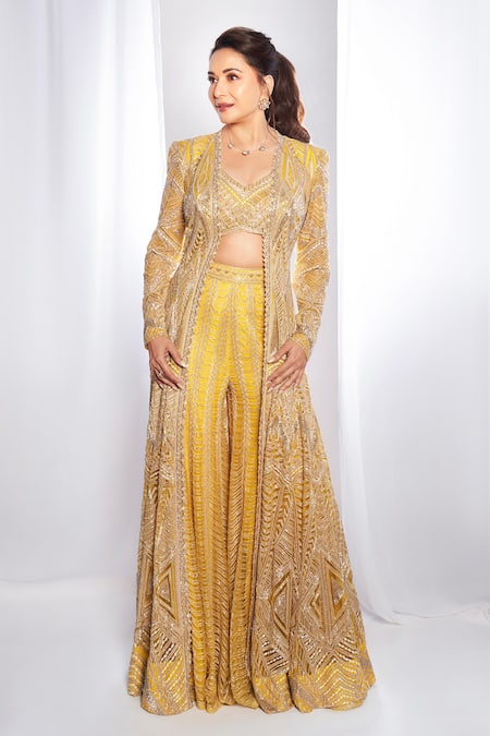 Buy Ritika Mirchandani Yellow Net, Crepe, Georgette Embroidery Sweetheart Neck Aztec Cape Sharara Set Online at Aza Fashions Buy_Ritika Mirchandani_Yellow Net, Crepe, Georgette Embroidery Sweetheart Neck Aztec Cape Sharara Set _Online_at_Aza_Fashions