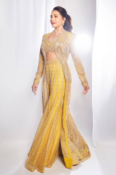 Ritika Mirchandani Yellow Net, Crepe, Georgette Embroidery Sweetheart Neck Aztec Cape Sharara Set at Aza Fashions Ritika Mirchandani_Yellow Net, Crepe, Georgette Embroidery Sweetheart Neck Aztec Cape Sharara Set _at_Aza_Fashions