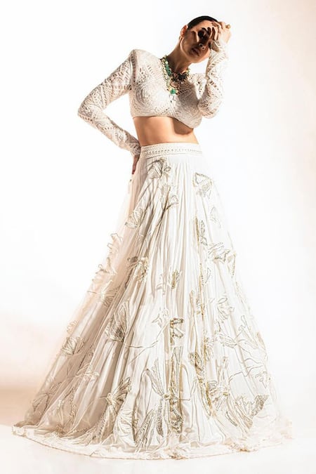 Buy_Ritika Mirchandani_Ivory Net, Crepe, Georgette Applique, Embroidery V-neck Floral Lehenga Set _Online_at_Aza_Fashions