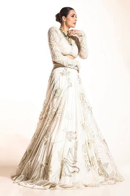Shop_Ritika Mirchandani_Ivory Net, Crepe, Georgette Applique, Embroidery V-neck Floral Lehenga Set _Online_at_Aza_Fashions