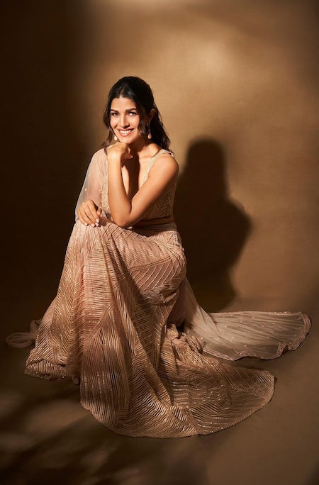 Ritika Mirchandani_Pink Net, Crepe, Georgette Embroidery, Sequins Rose Shark Skin Lehenga Set _Online_at_Aza_Fashions