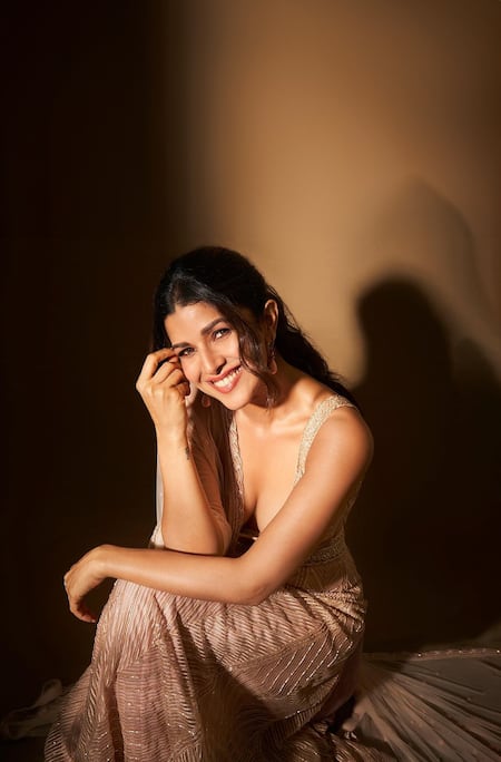 Shop_Ritika Mirchandani_Pink Net, Crepe, Georgette Embroidery, Sequins Rose Shark Skin Lehenga Set _Online_at_Aza_Fashions