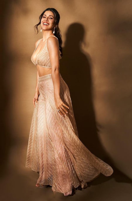 Ritika Mirchandani_Pink Net, Crepe, Georgette Embroidery, Sequins Rose Shark Skin Lehenga Set _at_Aza_Fashions