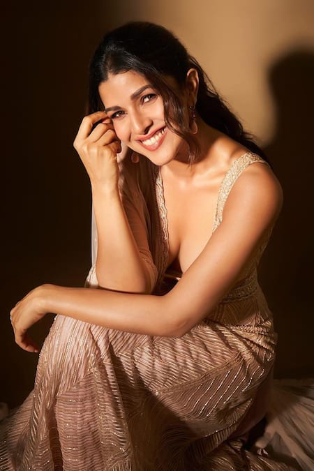 Shop_Ritika Mirchandani_Pink Net, Crepe, Georgette Embroidery, Sequins Rose Shark Skin Lehenga Set 