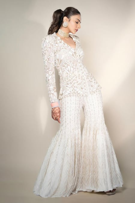 Shop Ritika Mirchandani Ivory Net, Crepe, Georgette Embroidery Geometric Bloom Blazer Kurta Set at Aza Fashions Shop_Ritika Mirchandani_Ivory Net, Crepe, Georgette Embroidery Geometric Bloom Blazer Kurta Set _at_Aza_Fashions