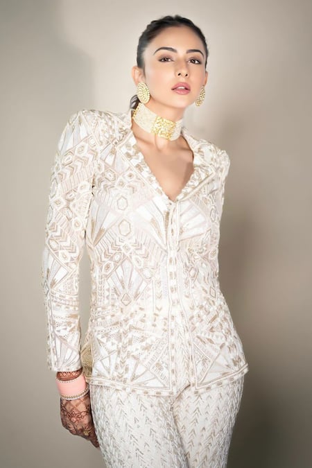 Ritika Mirchandani Ivory Net, Crepe, Georgette Embroidery Geometric Bloom Blazer Kurta Set Online at Aza Fashions Ritika Mirchandani_Ivory Net, Crepe, Georgette Embroidery Geometric Bloom Blazer Kurta Set _Online_at_Aza_Fashions