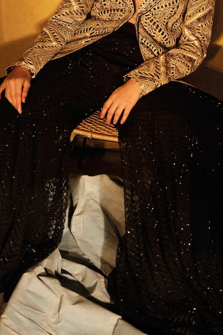 Buy_Ritika Mirchandani_Black Net, Crepe, Georgette Geometric Aztec Cutwork Blazer And Sharara Set _Online_at_Aza_Fashions