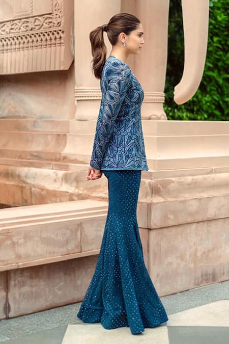 Shop_Ritika Mirchandani_Blue Net, Crepe, Georgette Embroidery V-neck Iris Bloom Jacket Kurta Set _at_Aza_Fashions