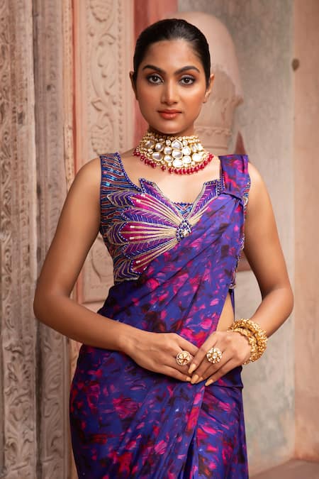 Buy_Laxmishriali_Blue Denim, Satin Diamonds, Embroidery Round Floral Printed Pre-draped Saree Set _Online_at_Aza_Fashions
