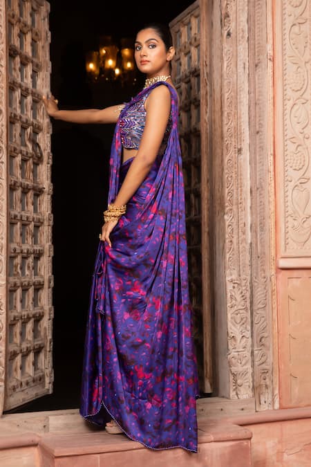 Laxmishriali_Blue Denim, Satin Diamonds, Embroidery Round Floral Printed Pre-draped Saree Set _at_Aza_Fashions