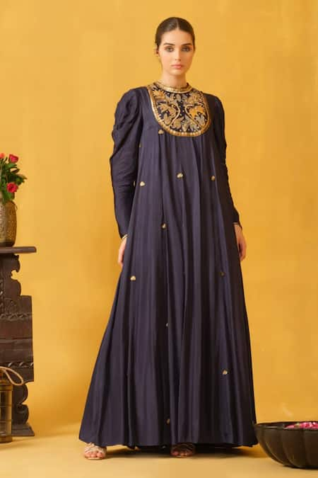 ABSTRACT BY MEGHA JAIN MADAAN Navy Blue Applique Embroidered Maxi Dress 