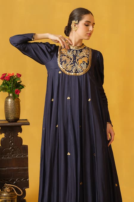 Abstract By Megha Jain Madaan Navy Blue Applique Embroidered Maxi Dress 