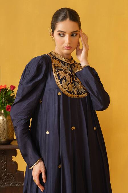 Abstract By Megha Jain Madaan_Blue Twill, Cotton Sequins, Beads, Applique Round Navy Embroidered Maxi Dress _Online_at_Aza_Fashions