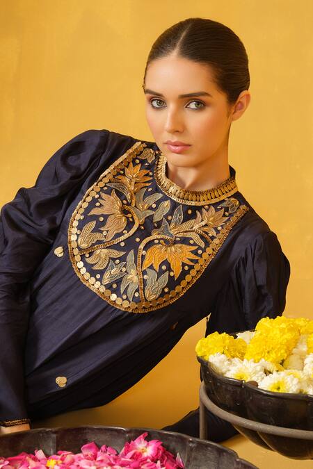 Buy_Abstract By Megha Jain Madaan_Blue Twill, Cotton Sequins, Beads, Applique Round Navy Embroidered Maxi Dress _Online_at_Aza_Fashions