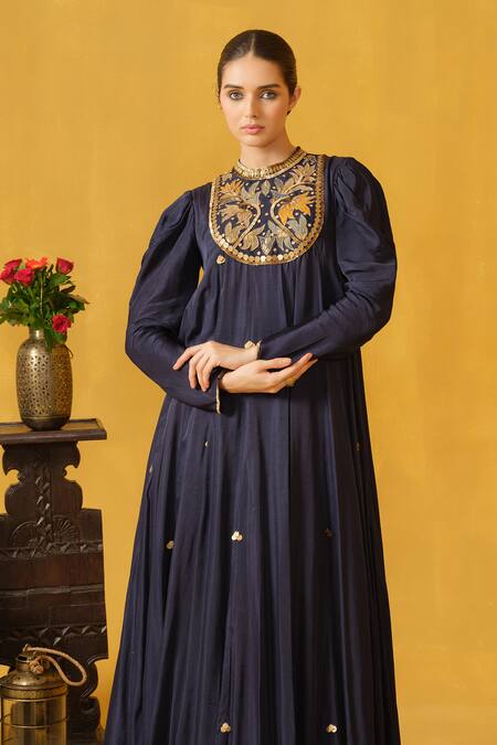 Shop_Abstract By Megha Jain Madaan_Blue Twill, Cotton Sequins, Beads, Applique Round Navy Embroidered Maxi Dress _Online_at_Aza_Fashions