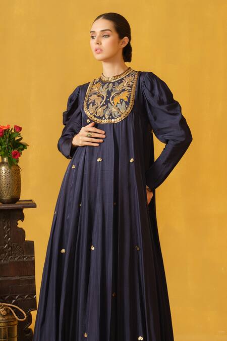 Abstract By Megha Jain Madaan_Blue Twill, Cotton Sequins, Beads, Applique Round Navy Embroidered Maxi Dress _at_Aza_Fashions