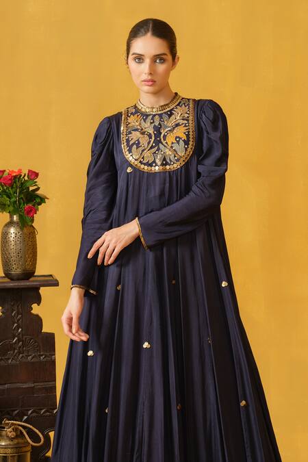 Buy_Abstract By Megha Jain Madaan_Blue Twill, Cotton Sequins, Beads, Applique Round Navy Embroidered Maxi Dress 