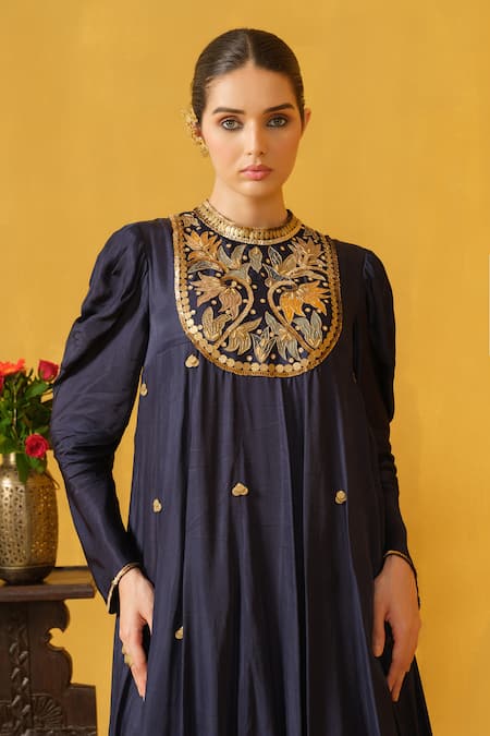 Shop_Abstract By Megha Jain Madaan_Blue Twill, Cotton Sequins, Beads, Applique Round Navy Embroidered Maxi Dress 